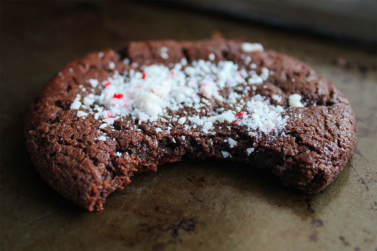 Showing chewy chocolate candy cane cookie from the inside.
