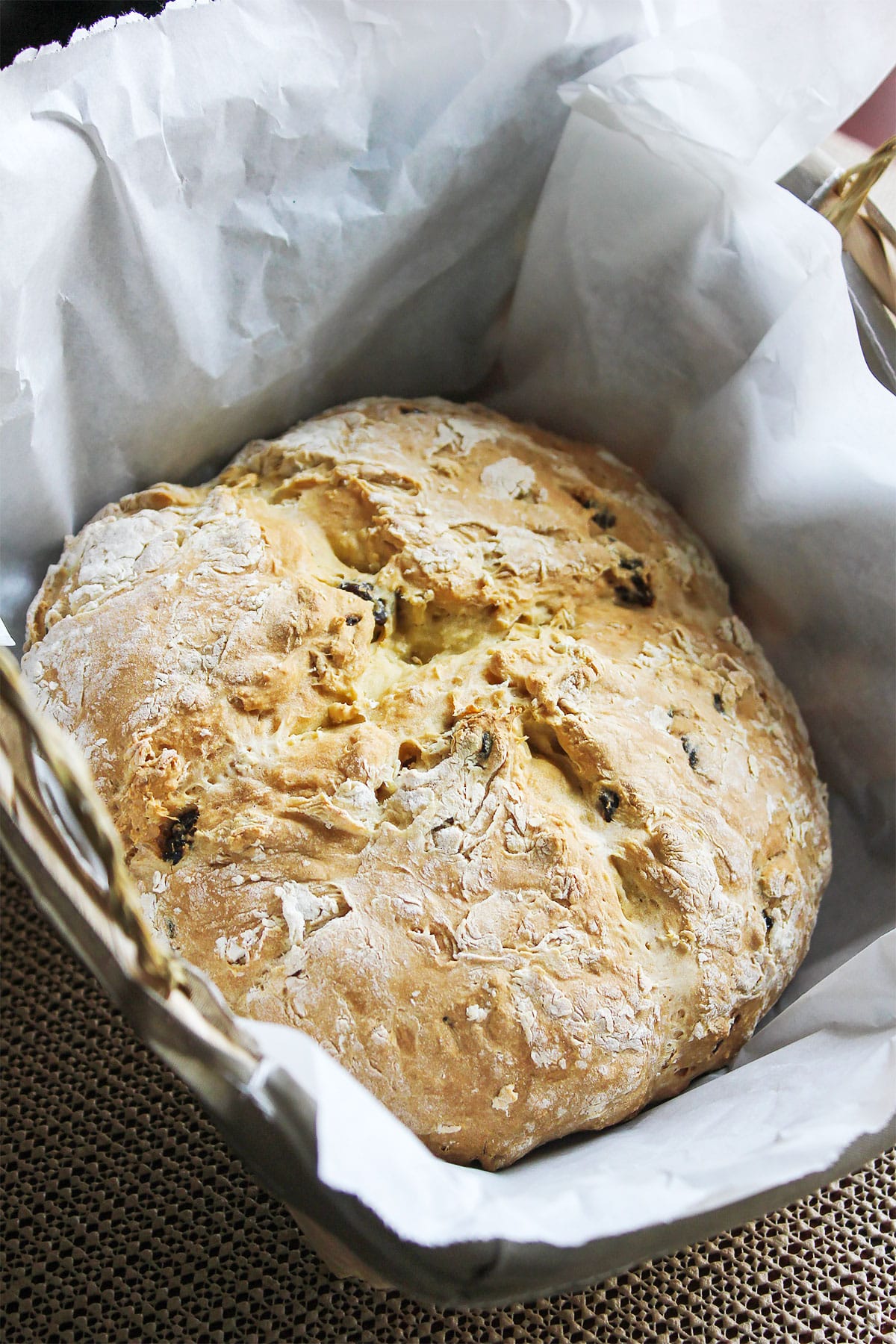 Close up image of irish soda bread.