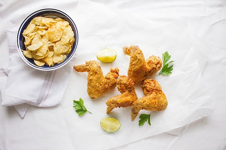 Over head shot of fried chicken wings.