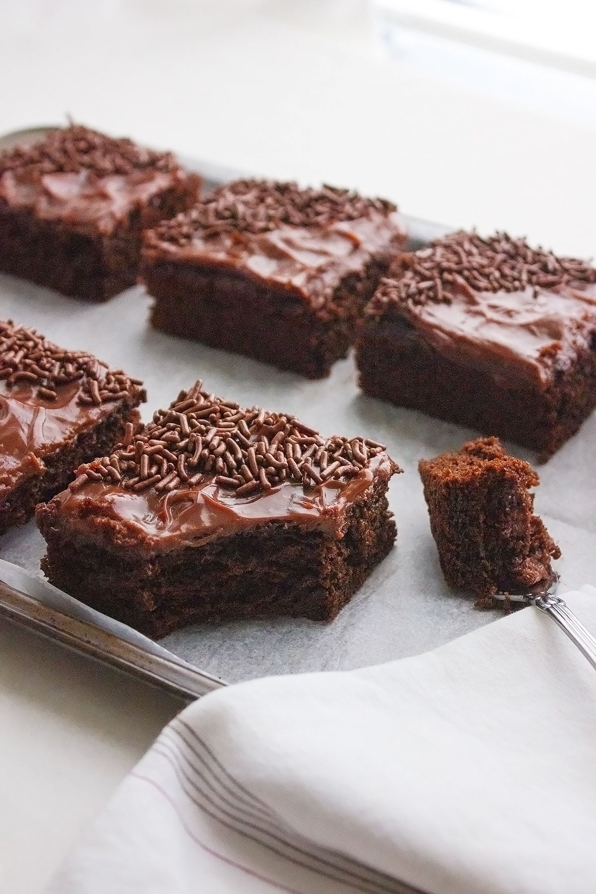 Slice of chocolate cake bar with form on the side. 2026