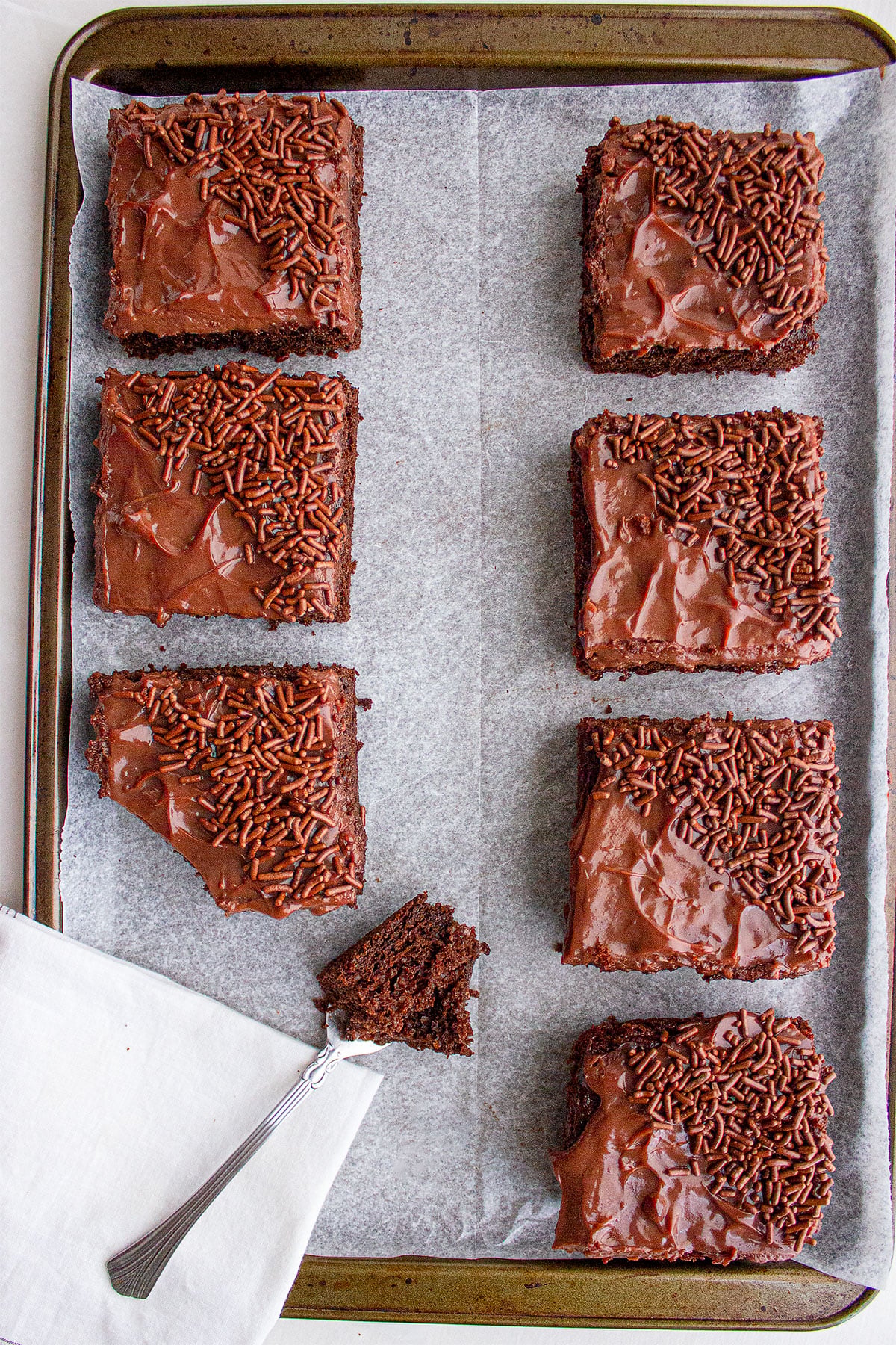 Overhead shot of chocolate ake bars frosted with chocolate pudding. 2026.