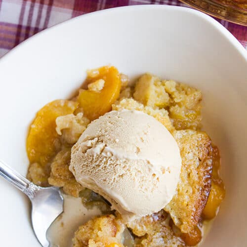 Over head shot of peach cobbler.