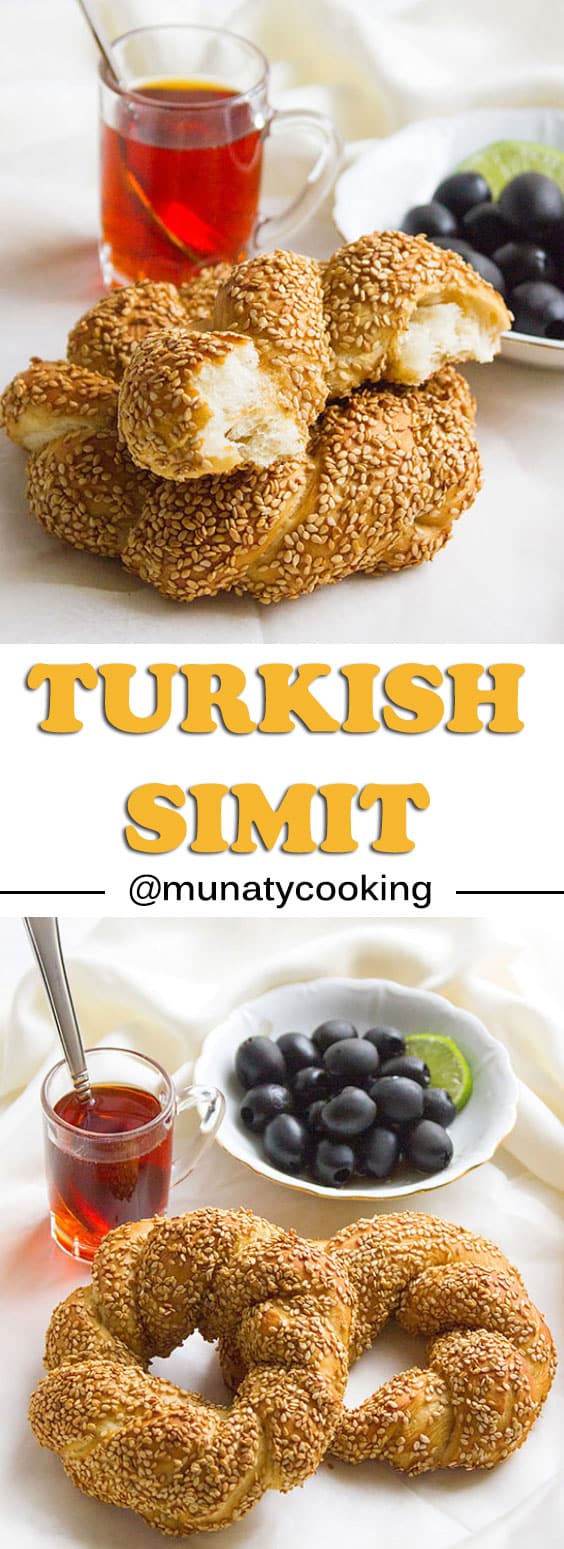 Simit is a Turkish bread similar to American bagel but has much softer crumbs. This bread is crusted with sesame seeds and served for breakfast. #simit