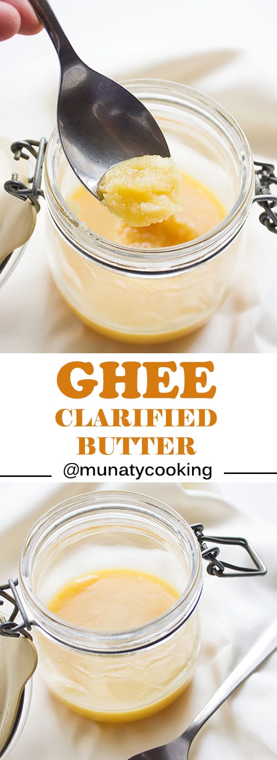 Ghee. Clarified butter made from scratch. You can use it the same way you use oil but it will add amazing flavor to your cooking. Perfect in savory and sweet dishes. www.munatycooking.com | @munatycooking #ghee