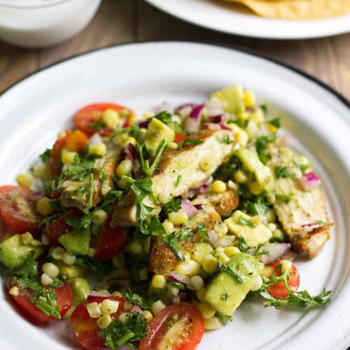 avocado chicken salad served in a white plate.