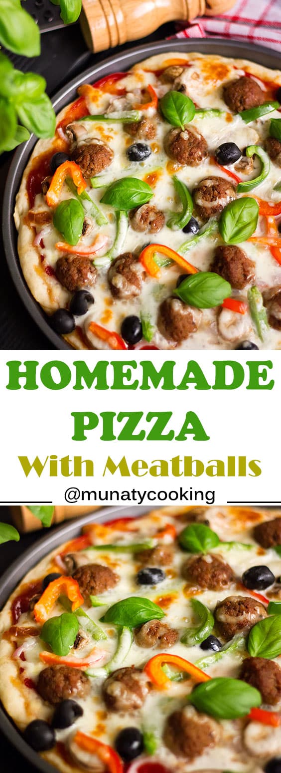 Homemade Pizza Recipe with meatballs. Juicy and perfectly seasoned meatballs on a tender pizza crust. #pizzarecipe #homemaderecipe #recipe