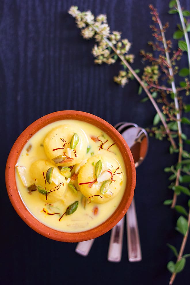 Overhead shot of Rasmalai dessert.