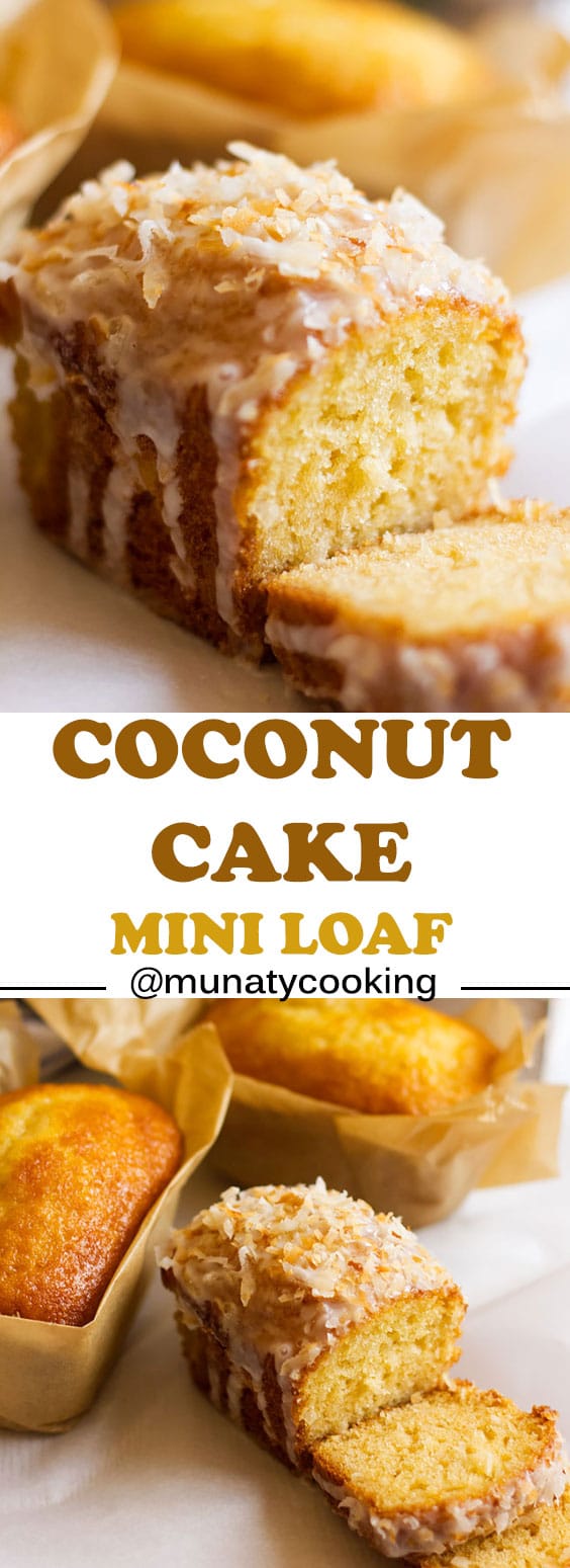 Easy coconut cake recipe. These mini loaves are moist and full of coconut flavor. Served with icing and topped with toasted shredded coconuts. #coconutcake #cake #coconutrecipe