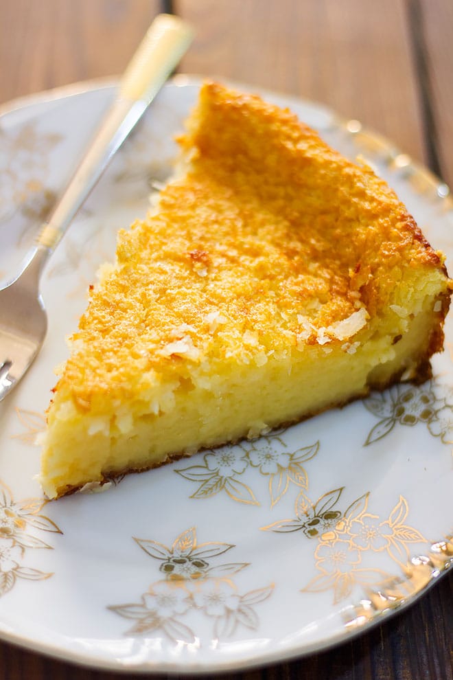 Creamy coconut pie served on a plate.