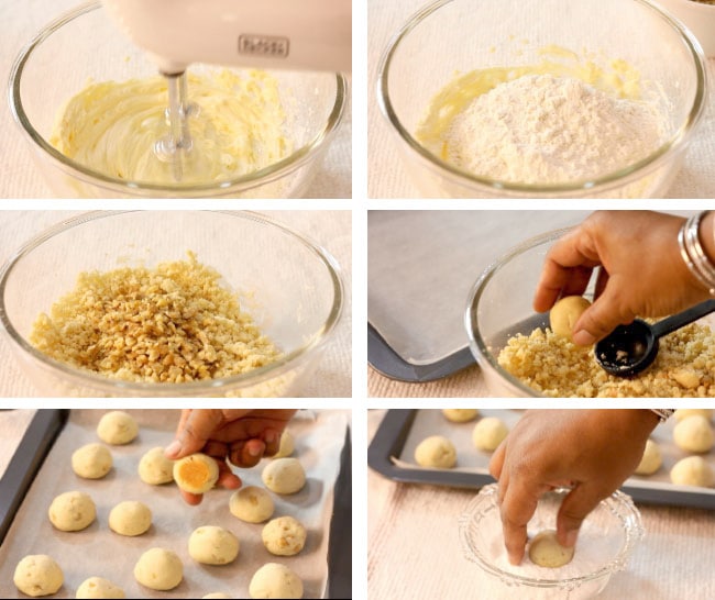 Step by step image showing how to make Russian Tea Cakes.