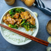 Chicken and broccoli close up feature image.