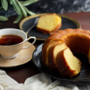 Moist Kentucky Butter Cake slices served with tea.