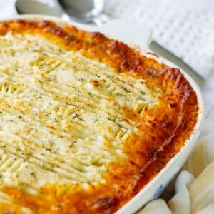 Shepherd’s Pie freshly prepared in a casserole.