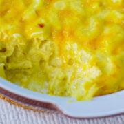 Close up image of freshly made Southern mac and cheese.