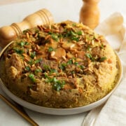 Maqluba made with lamb meat with bones freshly prepared.