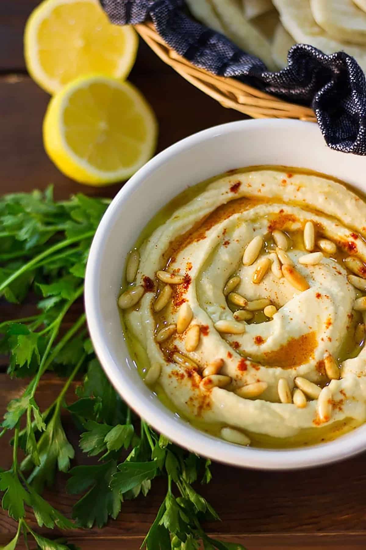 A creamy vegan dip made of chickpeas olive oil, garlic and lemon.