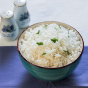 Rice cooked in coconut water served in a bowl.