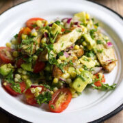 Avocado chicken salad served on a white plate.
