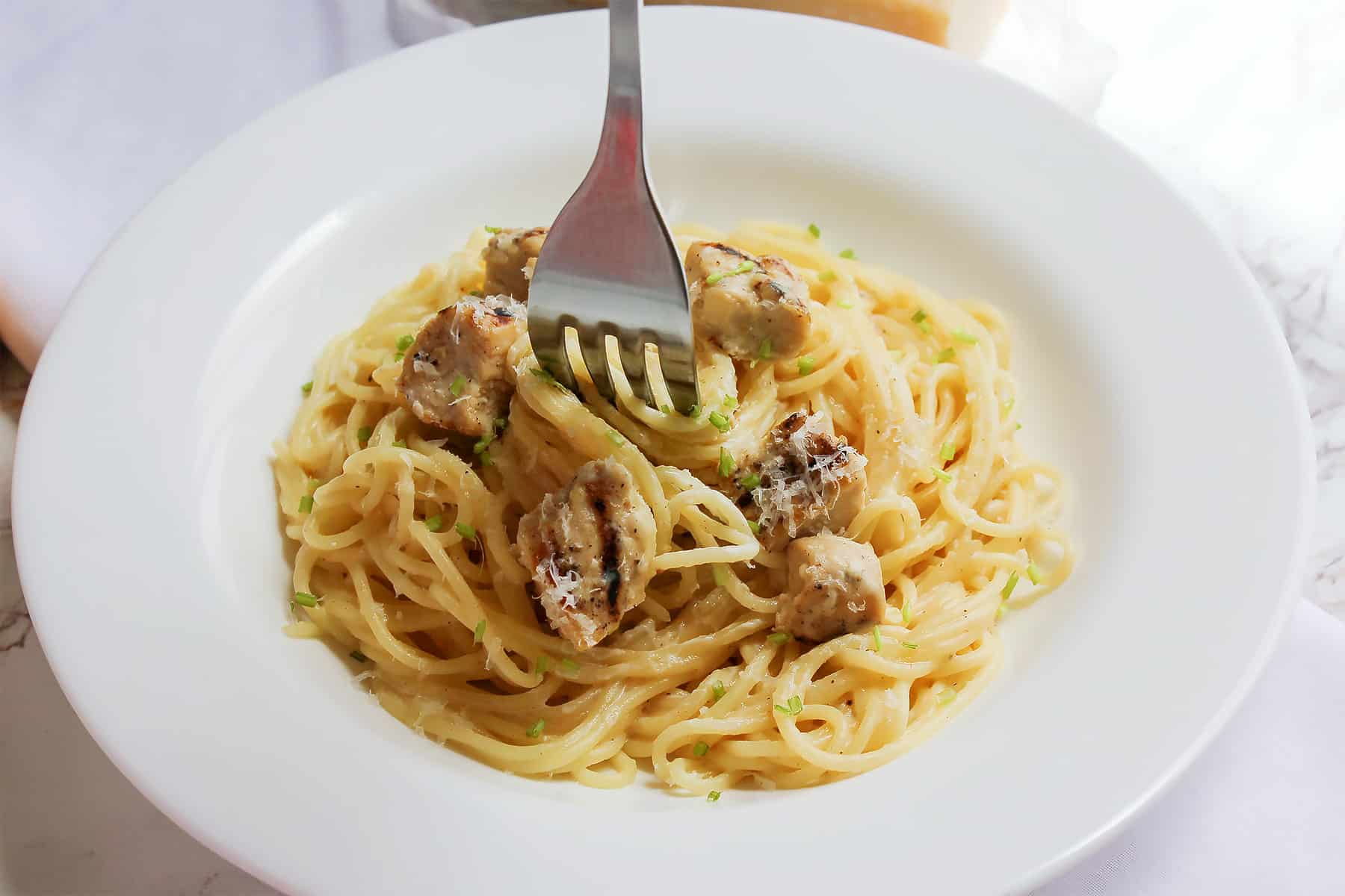 Showing creamy low calorie chicken alfredo.