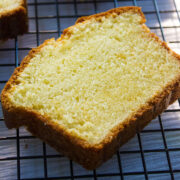 Close up image of perfect pound cake showing tender crumbs.