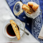Raisin Pecan biscotti overhead shot with a cup of tea.