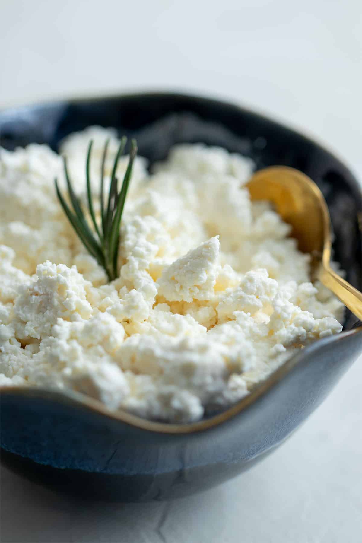 Side shot of ricotta cheese in a dark blue bowl.