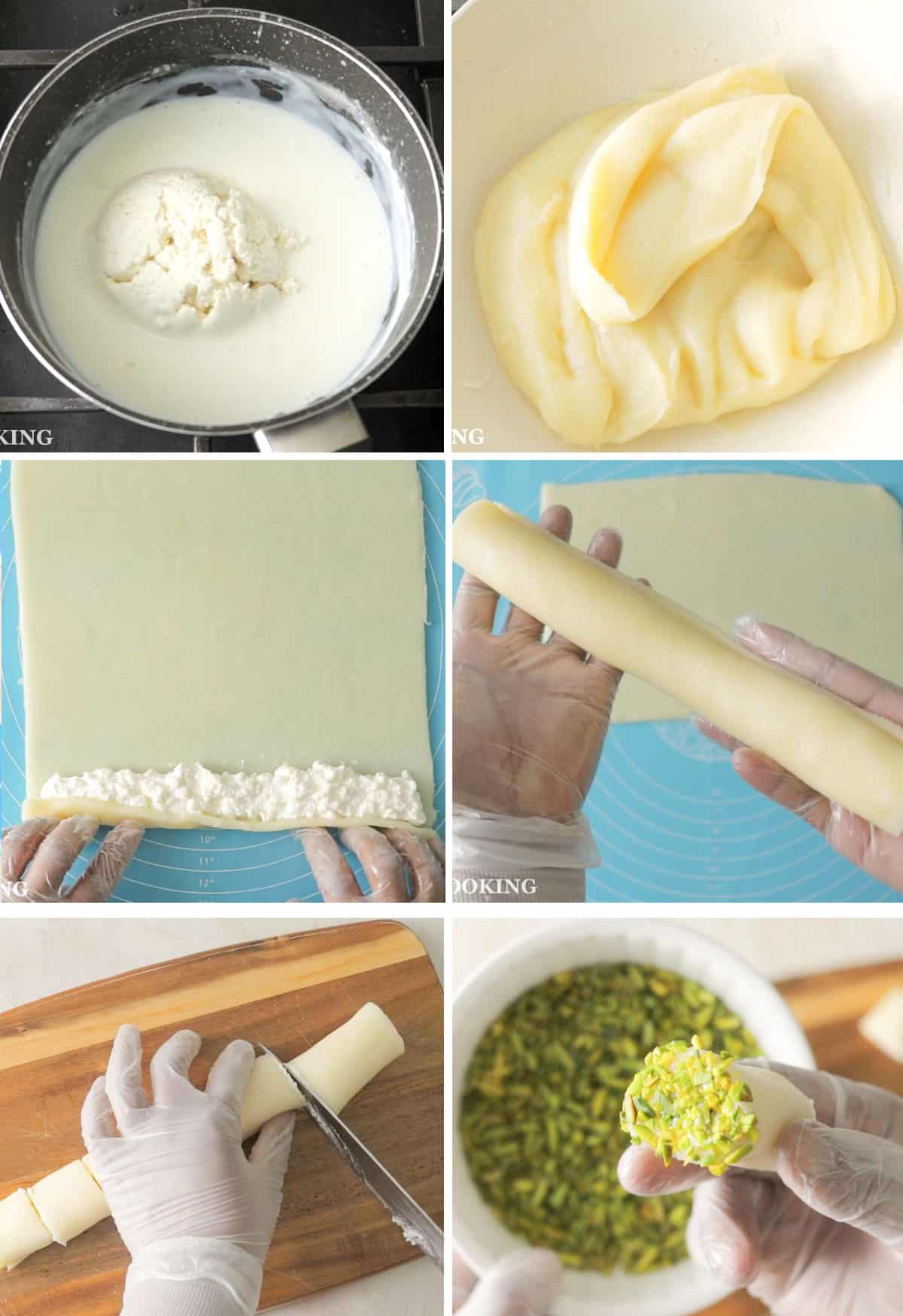 Step by step images showing how to make halawet el jibn.