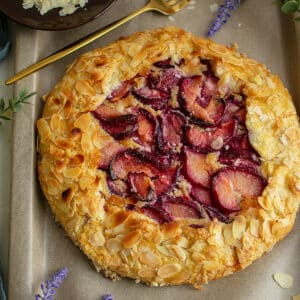 Close up shot of plum galette with Frangipane.