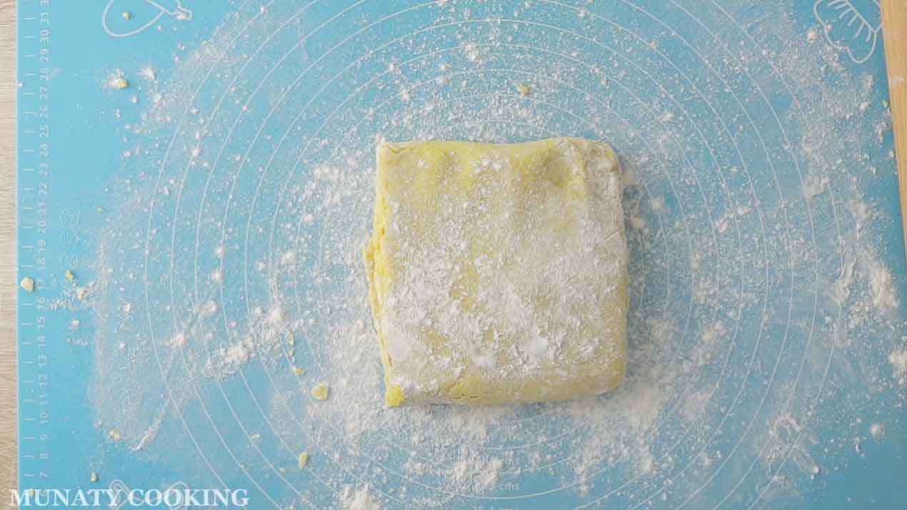 Square shaped dough after rolling.
